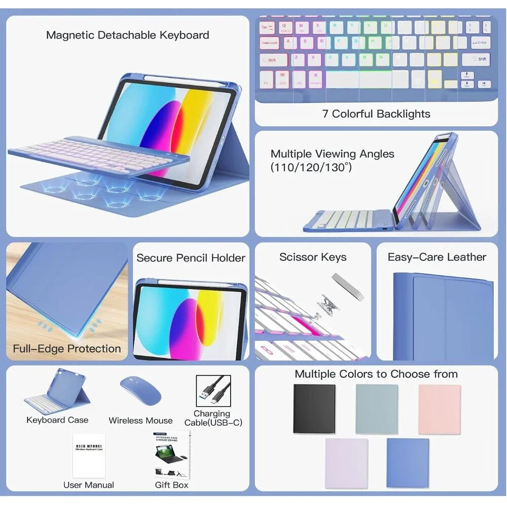 RAYMCRAFT iPad 11th A16 / 10th Gen Keyboard Case & Mouse Combo Lavender NEW